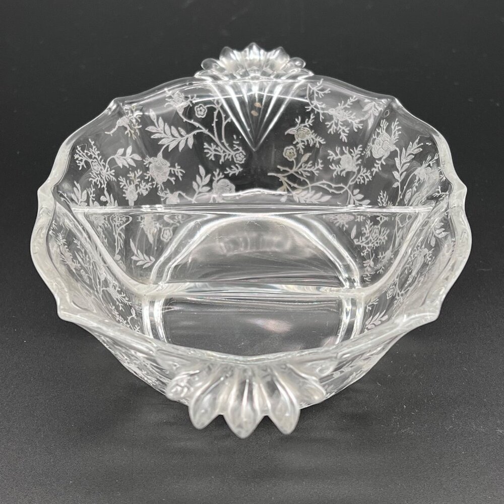 Vintage Fostoria Baroque Navarre Etched Glass Divided Serving Dish Floral Design - Picture 4 of 15